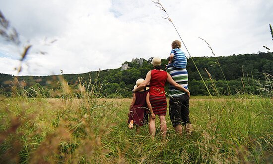 Blaubeuren-FamilieStehtAufEinerWiese-Donau-Landschaft-StadtBlaubeuren